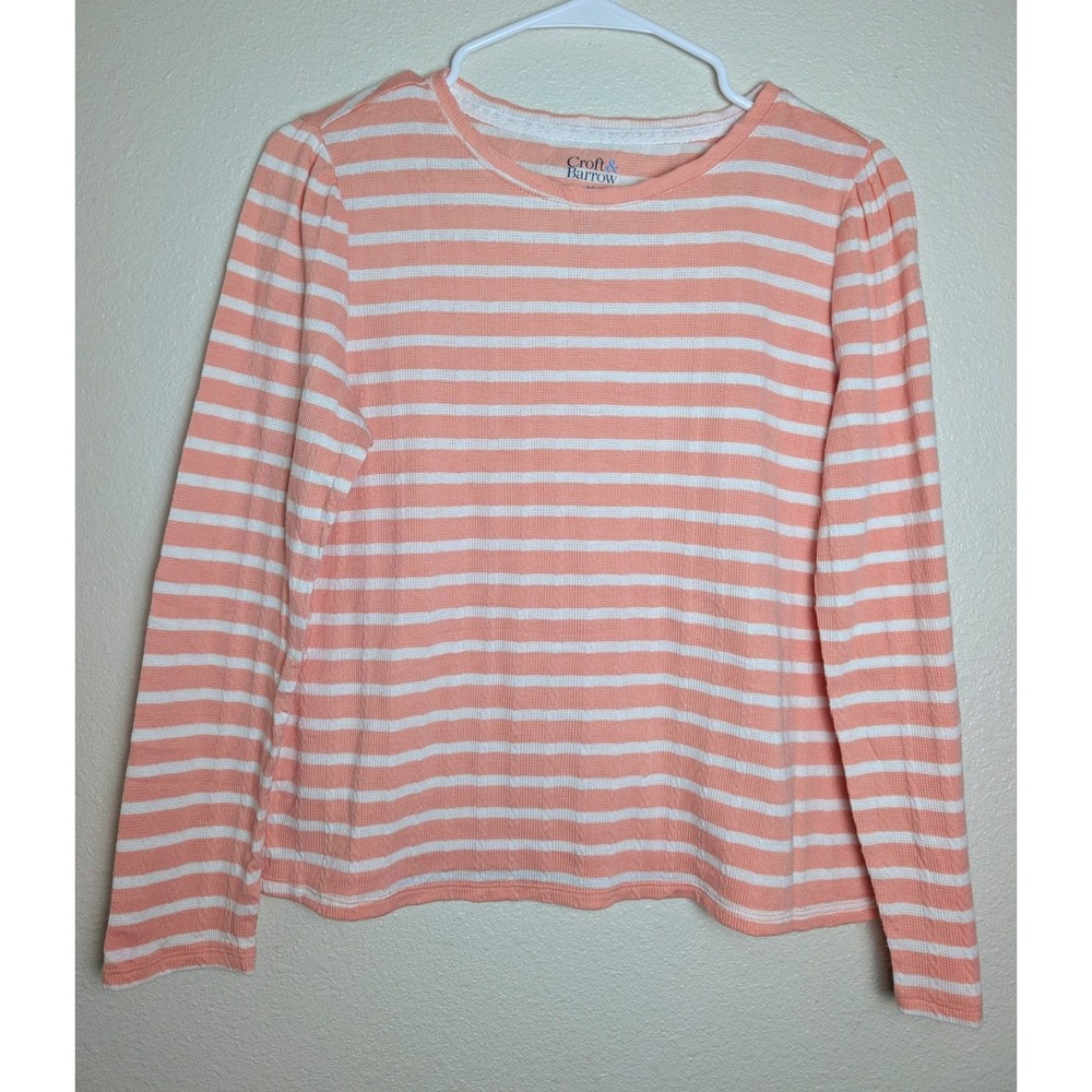 Croft & Barrow Women's Petite Small Coral White Striped Cotton Blend Sweater Top
